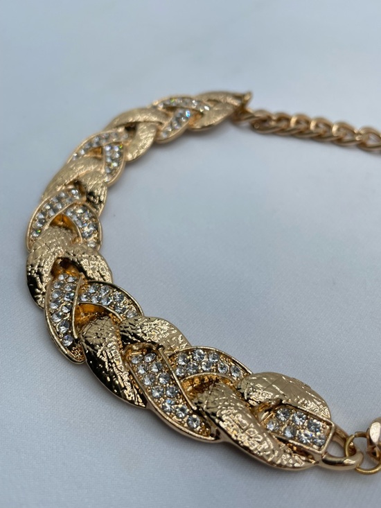 Gold Tone Braided Chain Necklace Crystal Rhinestone Statement Adjustable Link - Picture 3 of 6